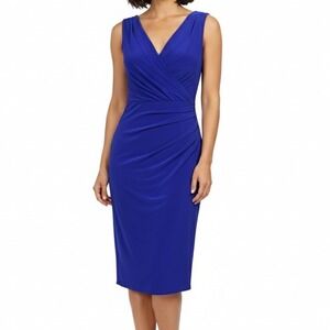 Lauren Ralph Lauren Royal Blue Sleeveless Faux-Wrap Sheath Dress
